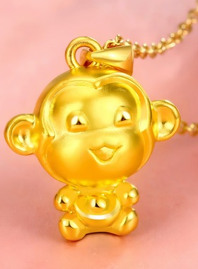S925纯银黄金色生肖猴小猴子吊坠项链女款手绳挂件配件饰品送女友