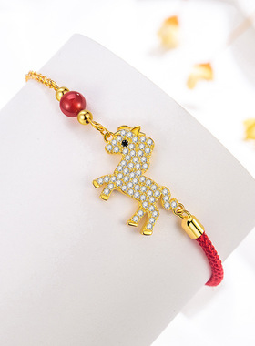 s925纯银金马红绳手链女款金色马年生肖马小马红绳本命年手链手绳