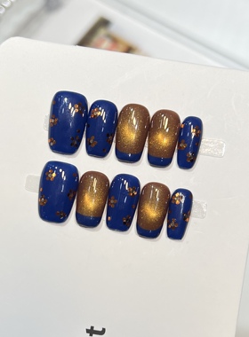 蓝色法式黑金猫眼纯手工穿戴甲短款金色亮片简约美甲贴片显白百搭