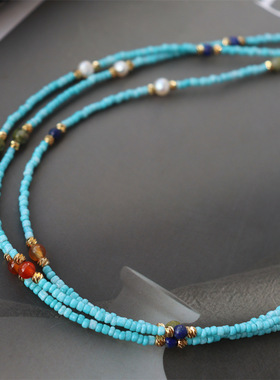 仿绿松石淡水珍珠多宝串珠项链女中式复古颈链小众高级感锁骨