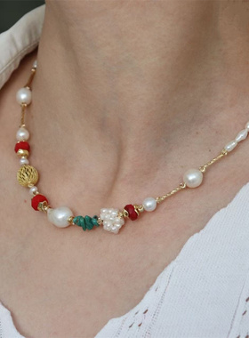 设计新款 新中式轻奢复古多宝松石天然淡水珍珠编织球项链颈链女