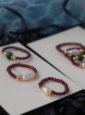设计 简约轻奢小众天然石榴石淡水keshi无核珍珠戒指弹力手工串珠
