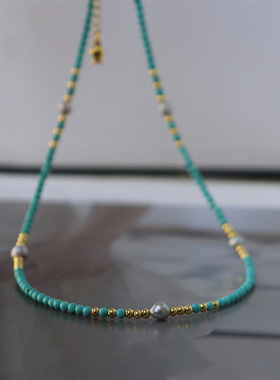 设计新款简约复古气质蓝松石优化真多麻灰色淡水珍珠项链锁骨