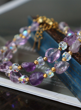 天然清透紫黄水晶随形不规则ins风小众设计轻奢女士手链项链批发