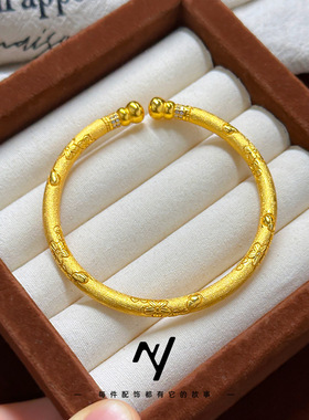 古法沙金黄色拉丝樱花葫芦开口手镯女轻奢小众精致新中式古风手环