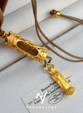 古法转动莲花佛吊吊坠沙金新中式花丝随身佛吊坠项链长款毛衣链女