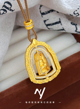 古法金新中式国风旋转佛牌大日如来点钻转运珠圆牌 男女吊坠项链