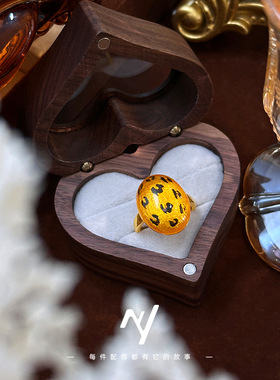 轻奢小众美拉德风高级感豹纹鸽子蛋活口戒指沙金女指环送闺蜜礼物