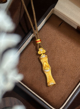2026新款越南沙金轻奢设计感点钻手工拉丝竹节无相佛吊坠毛衣链女