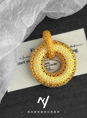 花丝古钱币满钻平安扣沙金吊坠沙金镂空甜甜圈老铺同款编织绳项链