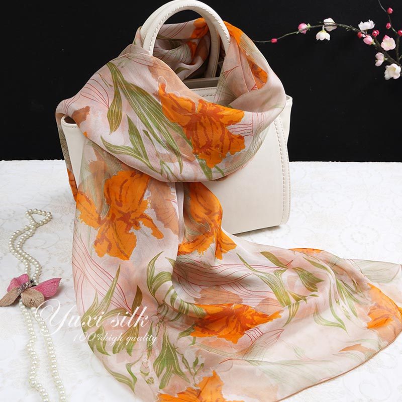 黄色鸢尾花100%桑蚕丝长款真丝丝巾披肩女士春秋冬夏季丝绸围巾,淘宝优惠券,粉丝福利购,淘宝优惠卷