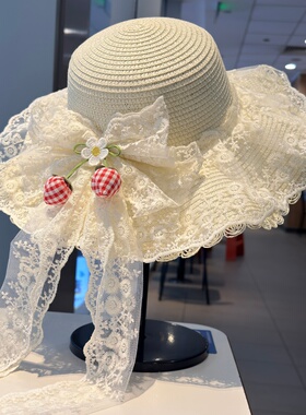 法式蕾丝花边大檐草帽女夏季草莓