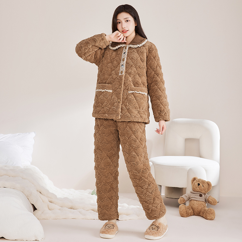 玛伦萨睡衣女款冬季新款加绒加厚三层夹棉袄大码家居服套装可外穿