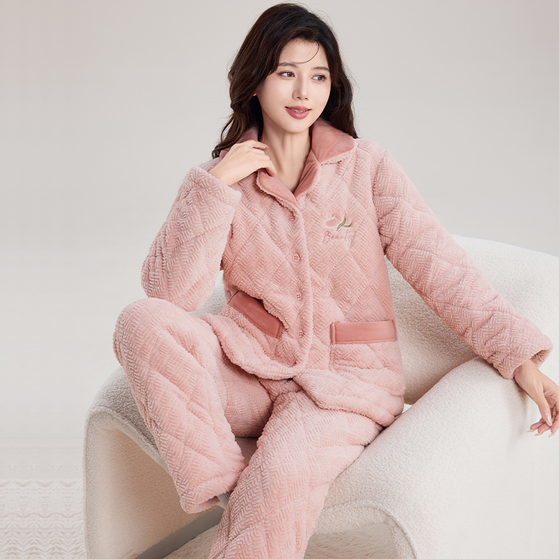玛伦萨女士睡衣夹棉三层厚棉冬季加厚保暖大码家居服套装可外穿