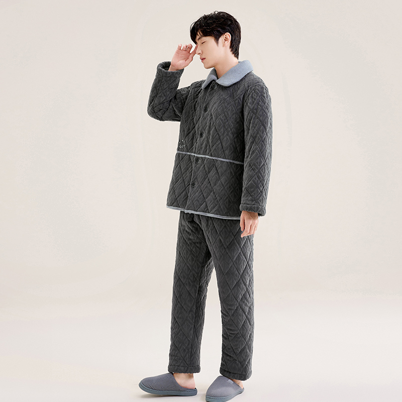 玛伦萨睡衣男秋冬季抗静电三层夹棉袄加厚加绒保暖大码家居服套装