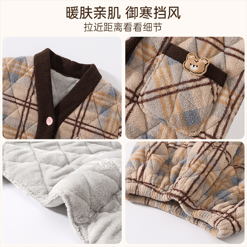 玛伦萨睡衣女冬季新款格子V领加绒加厚夹棉可外穿女士家居服套装