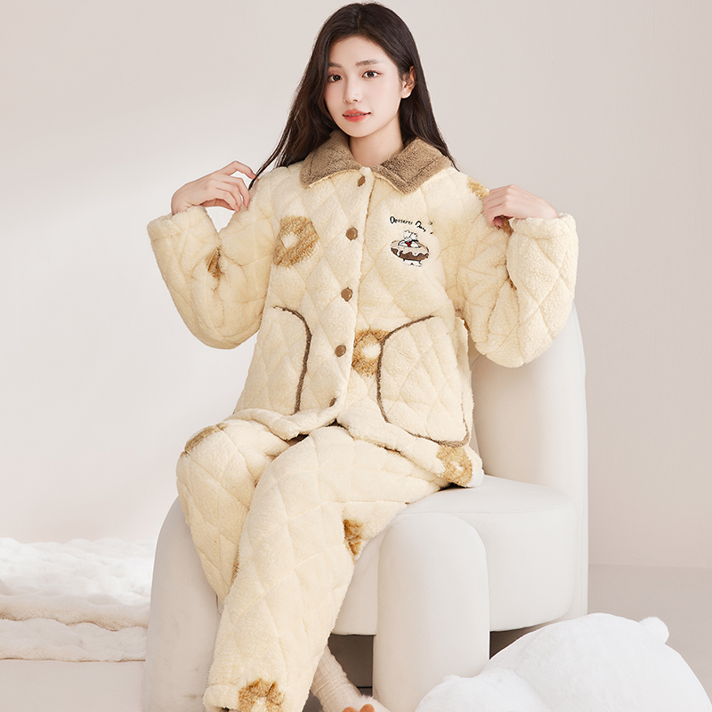 玛伦萨夹棉睡衣女冬季三层加厚加绒棉袄冬款保暖家居服套装可外穿