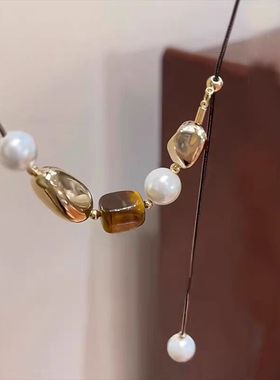 复古美拉德虎眼石珍珠抽拉项链