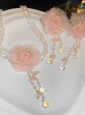 超仙项链水晶串珠粉色花朵项链
