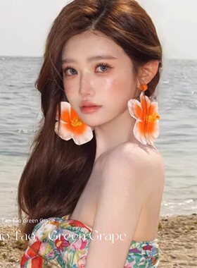 橙色大花仿真耳钉度假风显脸小