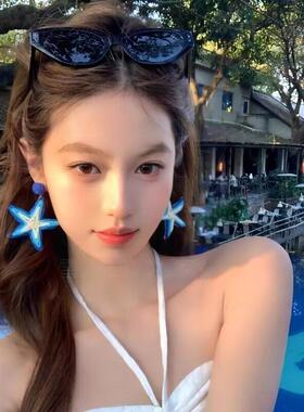 海盐可可海边度假风蓝色海星耳环