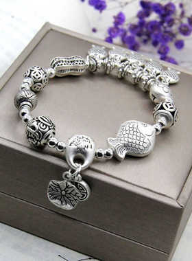 多元素莲花小鱼哑银手串民族风