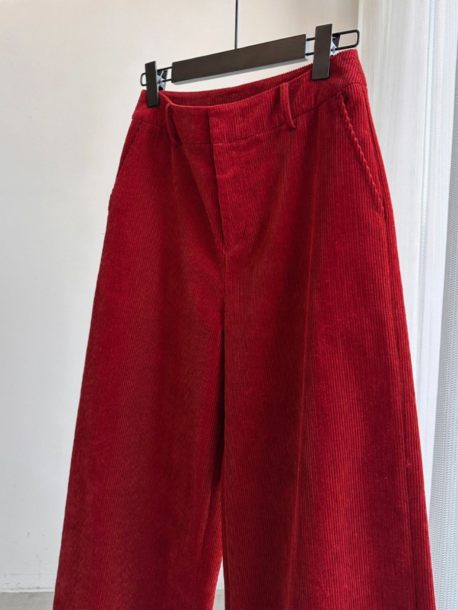 品牌专柜高端女装外贸复古红色灯芯绒阔腿裤直筒高级感休闲长裤女,淘宝优惠券,粉丝福利购,淘宝优惠卷