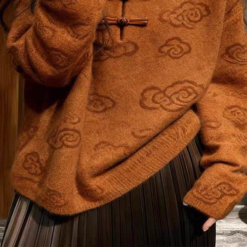 牛X货 巨炸裂！棕色新中式国风毛衣女秋冬高级感宽松内搭针织上衣 - 图1