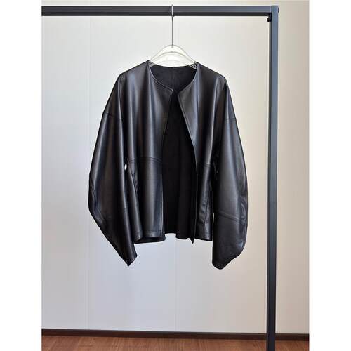 时髦弯刀袖  荔枝纹绵羊皮外套女休闲宽松真皮皮衣设计感系带开衫 - 图3