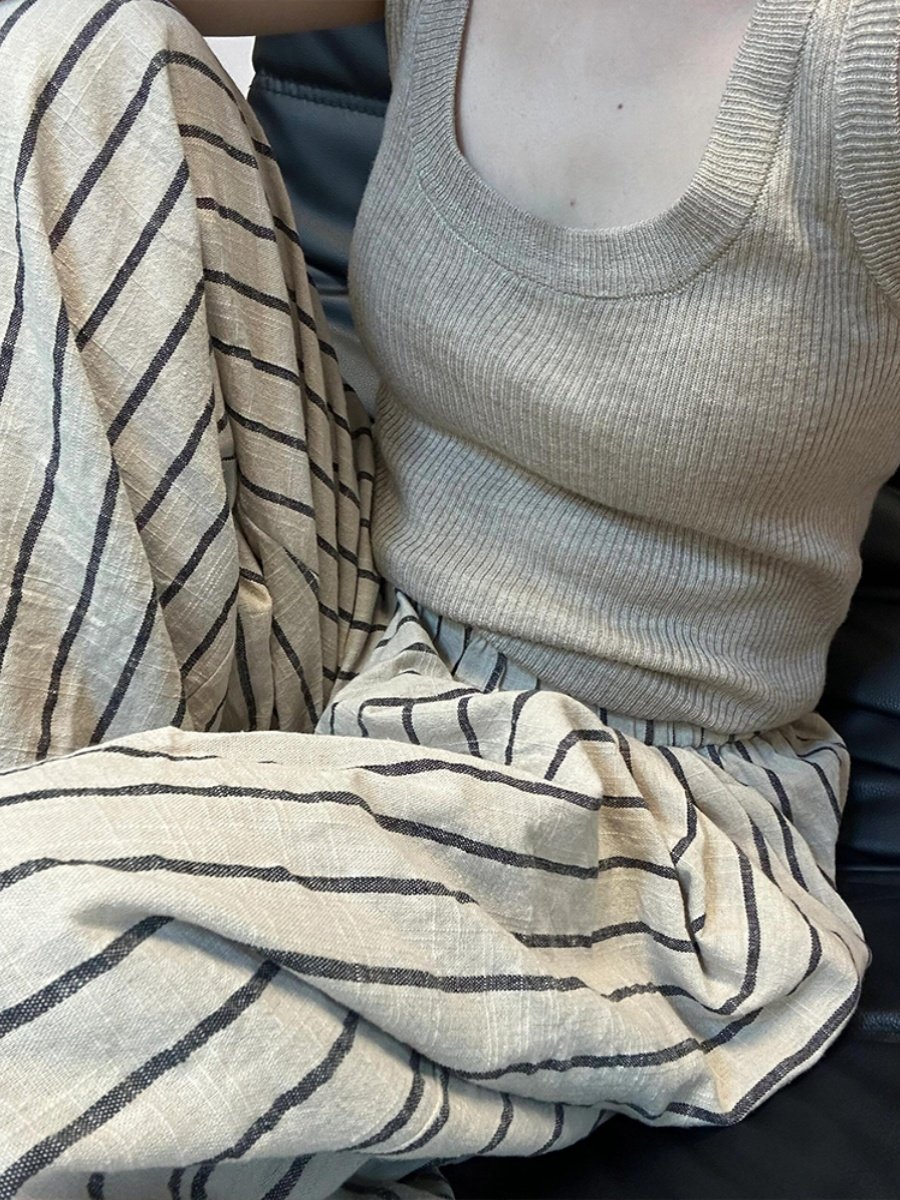 日系棉麻条纹裤女夏季山本裤慵懒休闲松弛感裤子凉凉裤亚麻阔腿裤,淘宝优惠券,粉丝福利购,淘宝优惠卷
