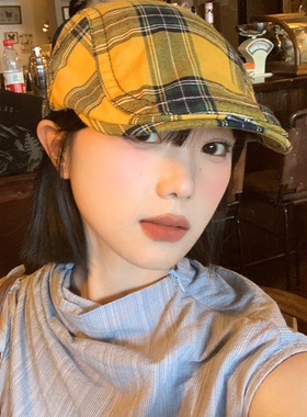 多巴胺格纹反戴贝雷帽显脸小