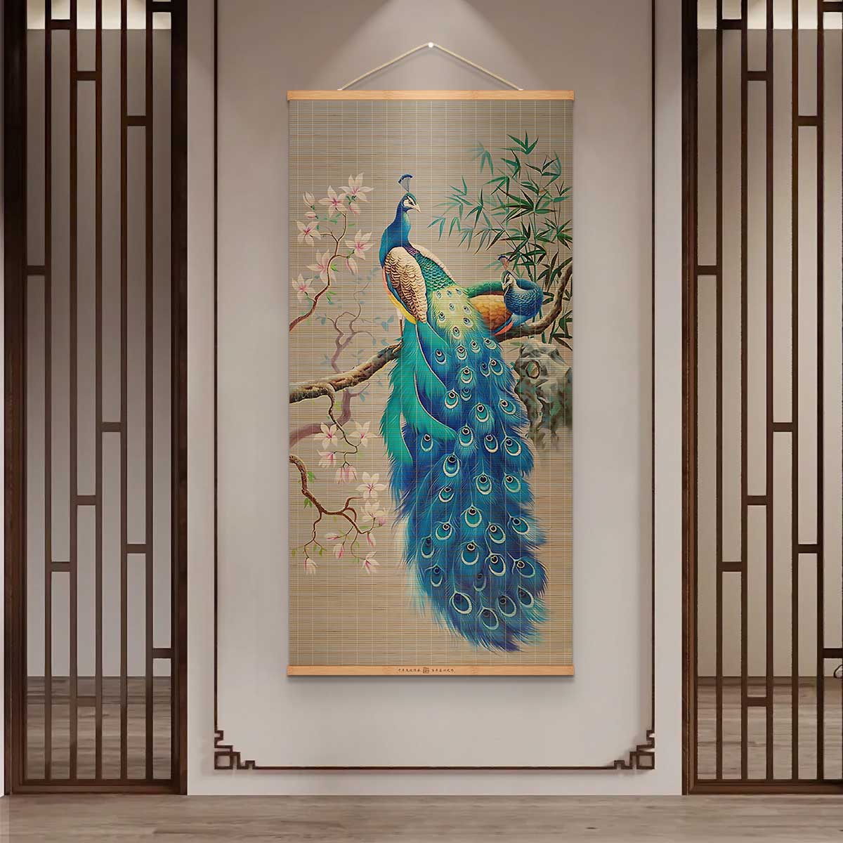 孔雀现代装饰画客厅沙发背景墙艺术挂画玄关进门入户竹帘卷轴挂画