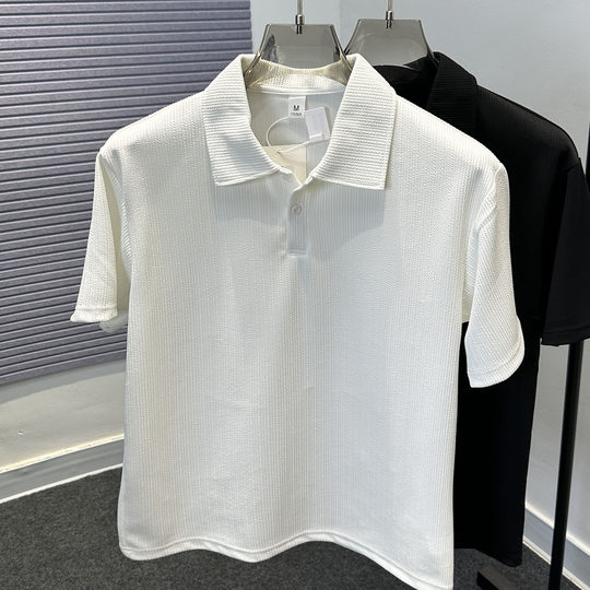 High-end ice silk polo shirt men's short-sleeved 2025 summer men's loose solid color versatile lapel t-shirt casual clothes