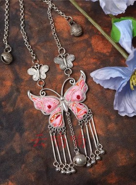 铜镀银刺绣老绣蓝染蜡染女蝴蝶