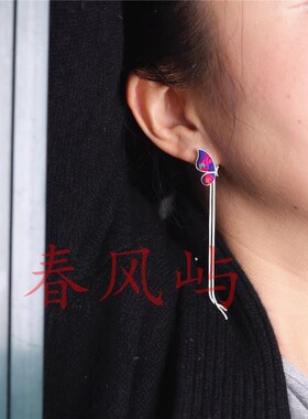 银白色苗银刺绣老绣蓝染耳钉