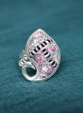 民族风苗银刺绣老绣蓝染戒指时尚