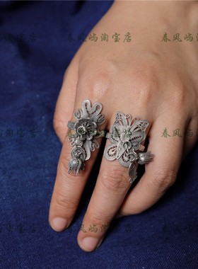 民族风仿老银蝴蝶流苏可调节戒指