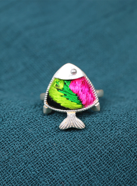 民族风苗银刺绣老绣蓝染戒指时尚