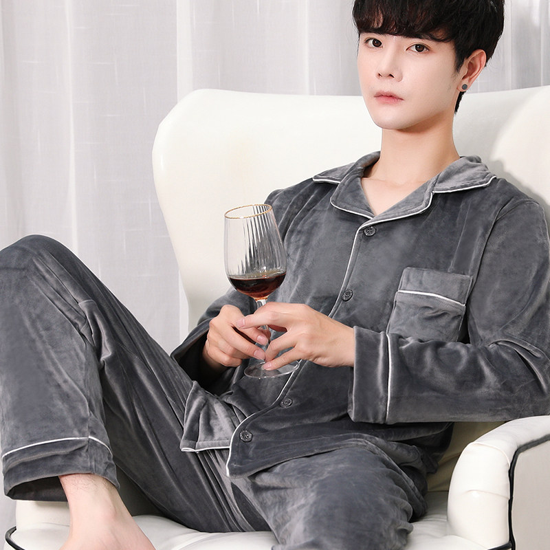 秋冬款男士春秋长袖海岛绒薄绒睡衣 淑女猫睡衣/家居服套装