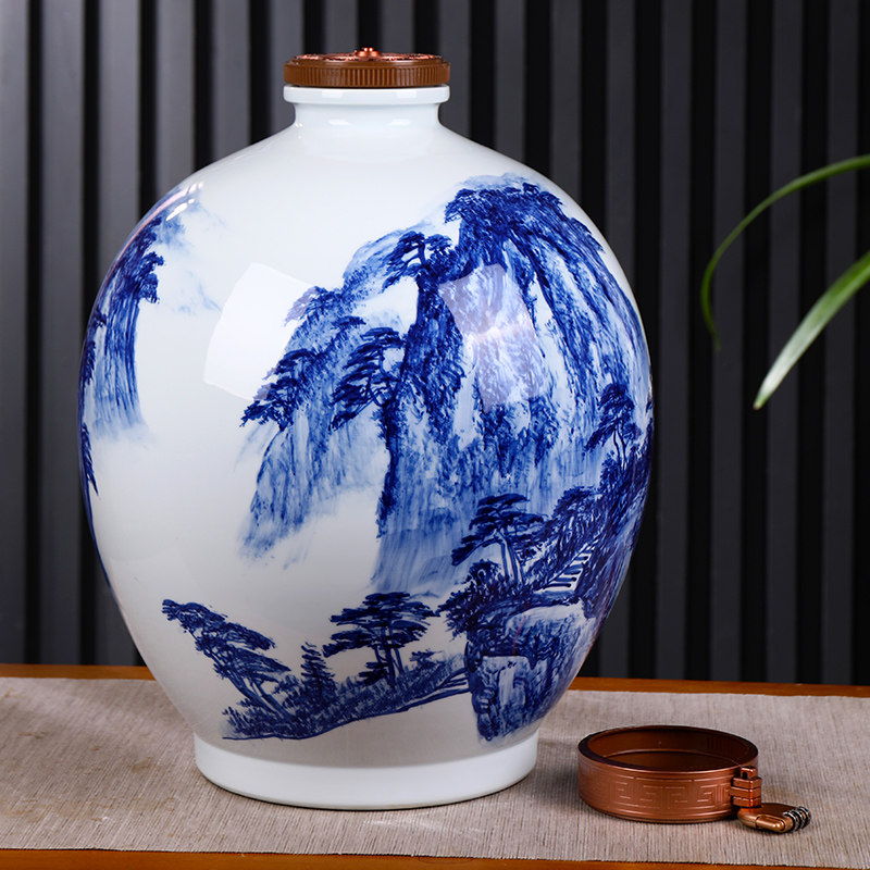 景德镇陶瓷酒瓶 五十斤装手绘青花瓷乡韵泡酒坛子 50斤装白酒罐