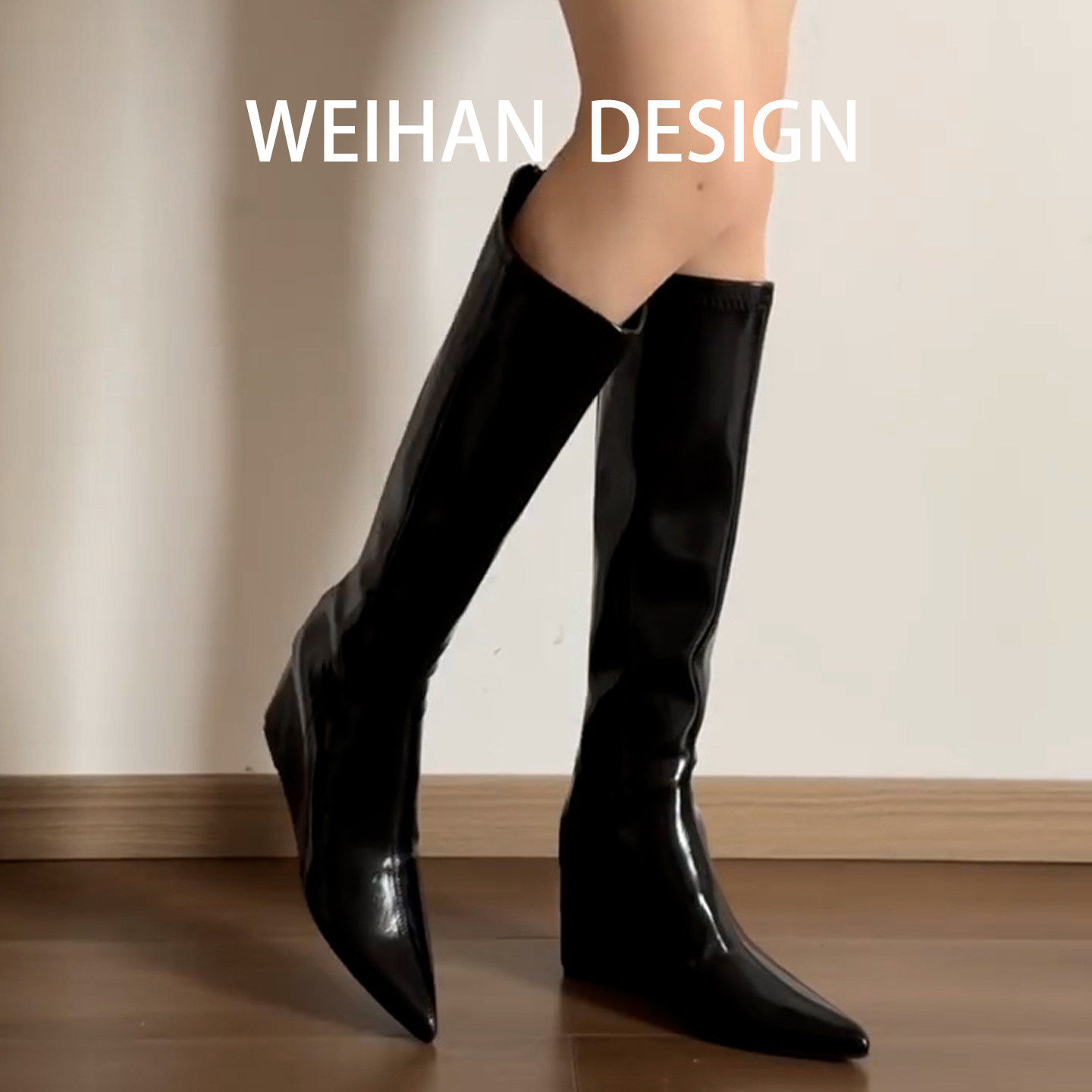 羊皮版！黑色尖头坡跟直筒骑士靴女高跟百搭显瘦长筒靴辣妹高筒靴,淘宝优惠券,粉丝福利购,淘宝优惠卷
