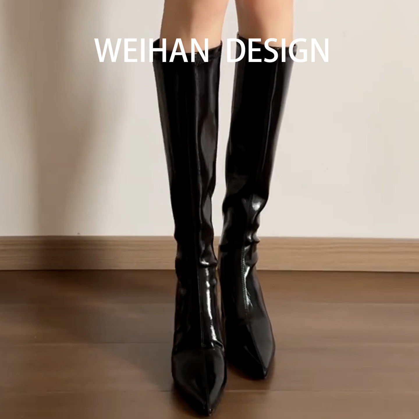 羊皮版！黑色尖头坡跟直筒骑士靴女高跟百搭显瘦长筒靴辣妹高筒靴,淘宝优惠券,粉丝福利购,淘宝优惠卷
