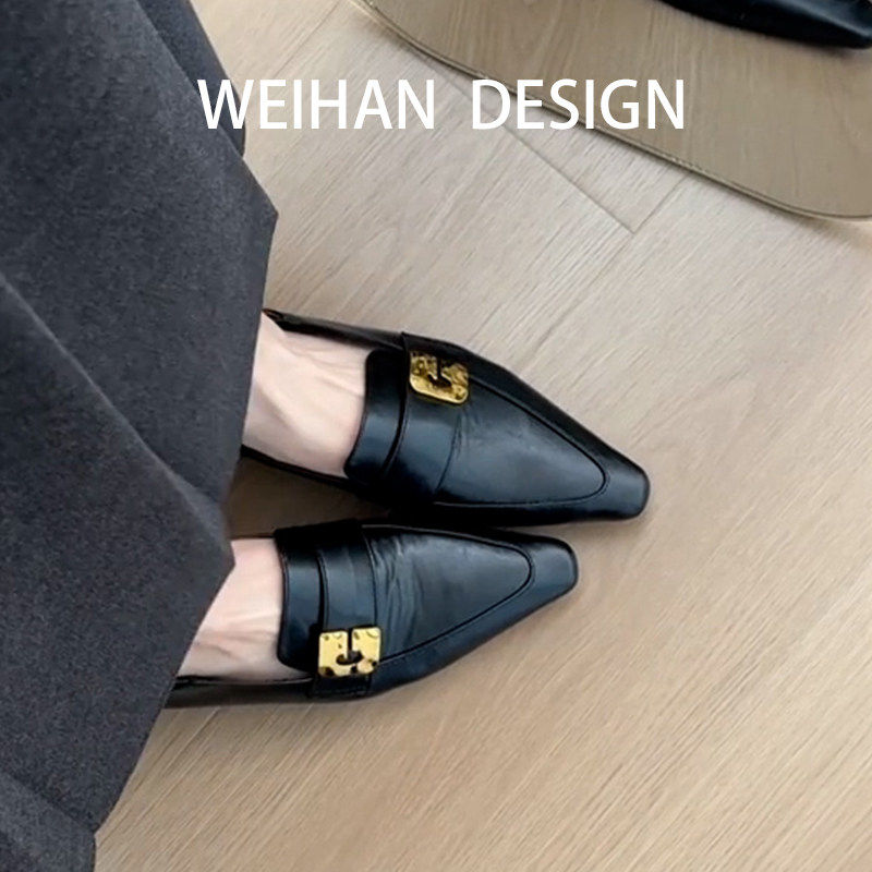 羊皮版~黑色加绒一脚蹬小皮鞋女春法式坡跟通勤小众方头浅口单鞋,淘宝优惠券,粉丝福利购,淘宝优惠卷