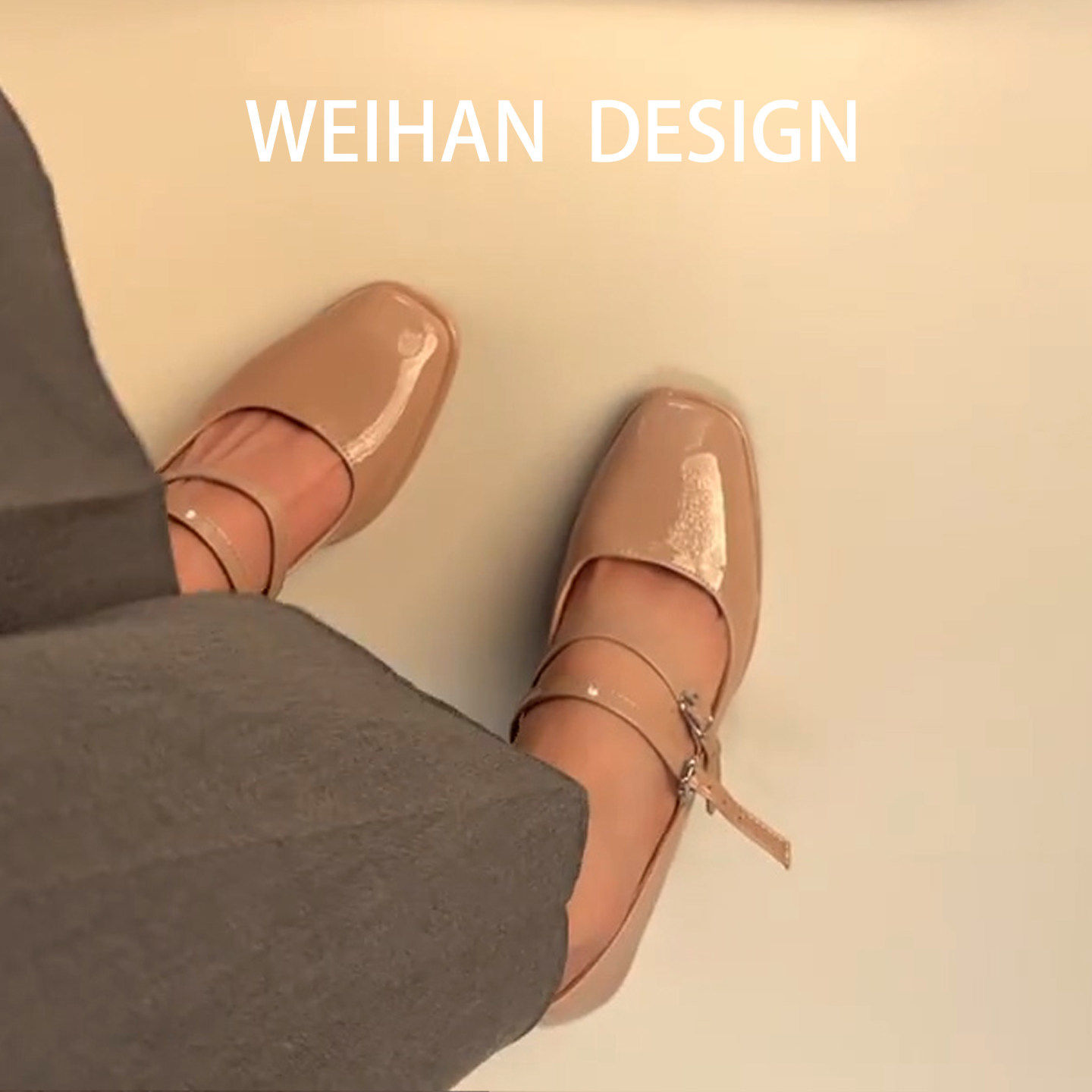 羊皮版！裸色方头玛丽珍单鞋女一字带温柔百搭漆皮粗跟气质高跟鞋,淘宝优惠券,粉丝福利购,淘宝优惠卷