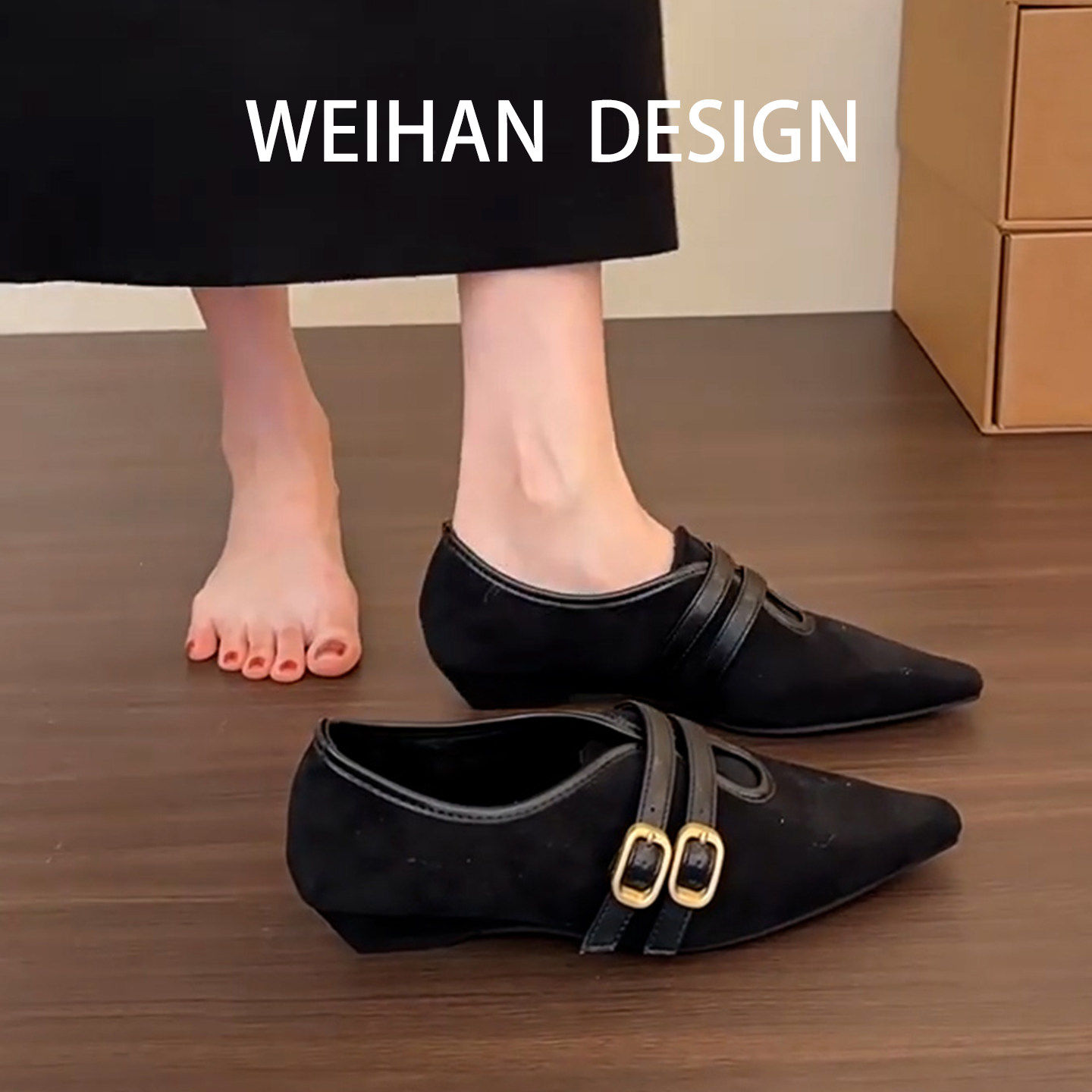 羊皮版！黑色坡跟尖头加绒单鞋女皮带扣保暖玛丽珍鞋晚晚风通勤鞋,淘宝优惠券,粉丝福利购,淘宝优惠卷