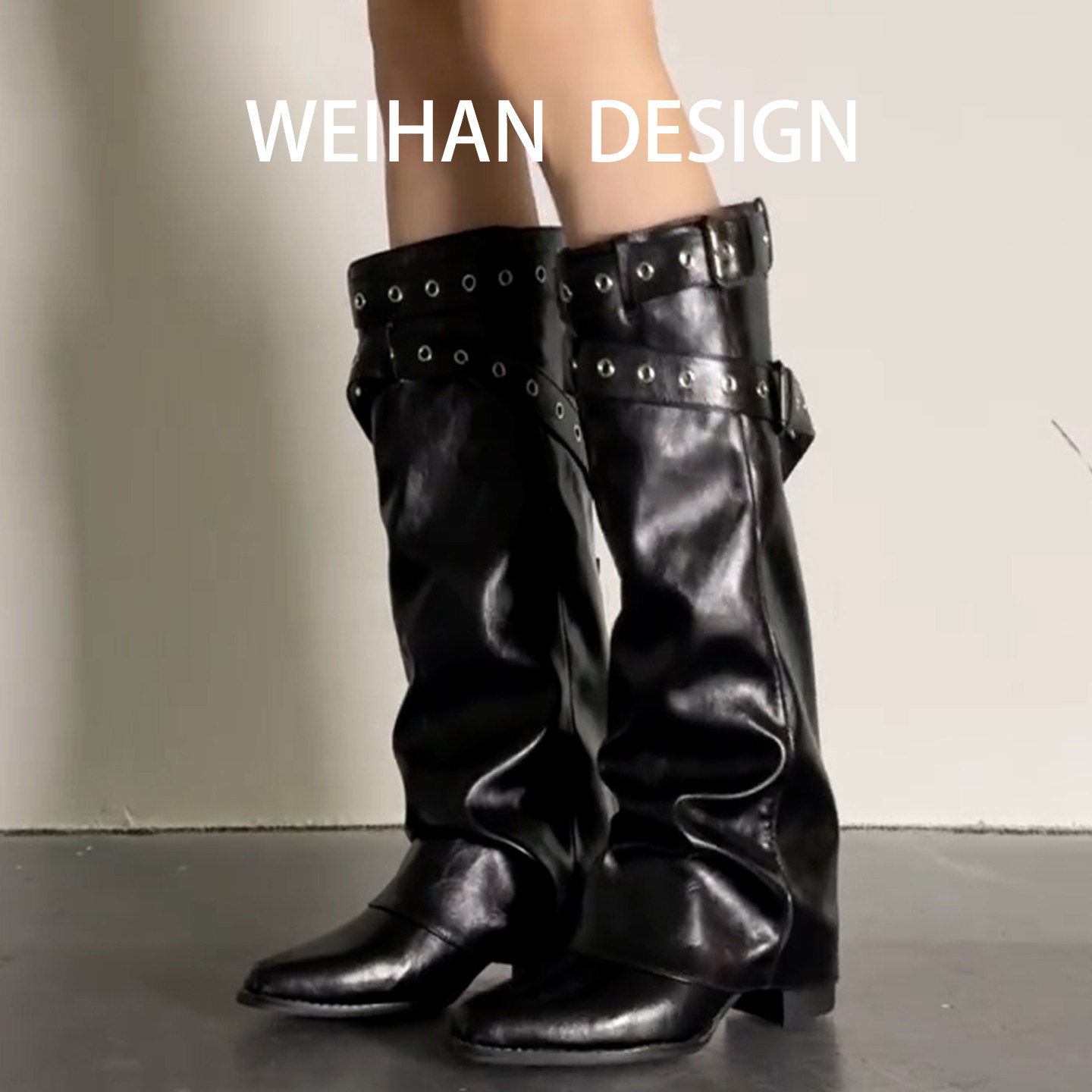 羊皮版！复古皮带扣裤管靴女真皮辣妹法式显瘦长靴粗跟铆钉骑士靴,淘宝优惠券,粉丝福利购,淘宝优惠卷