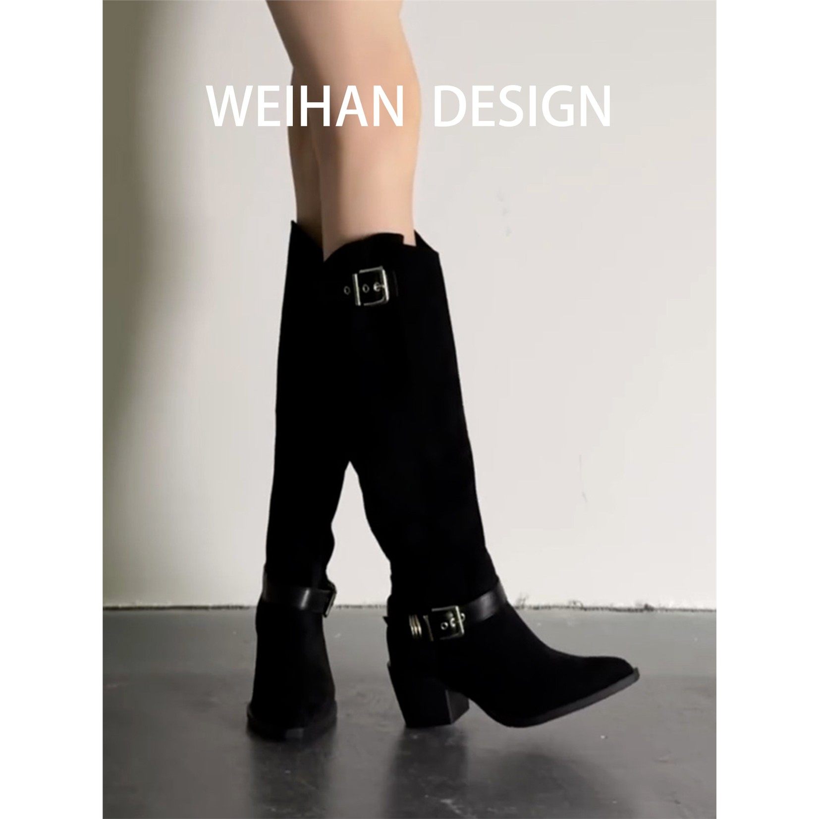 羊皮版！尖头皮带扣粗跟长靴女黑色不过膝高跟靴西部骑士靴长筒靴,淘宝优惠券,粉丝福利购,淘宝优惠卷