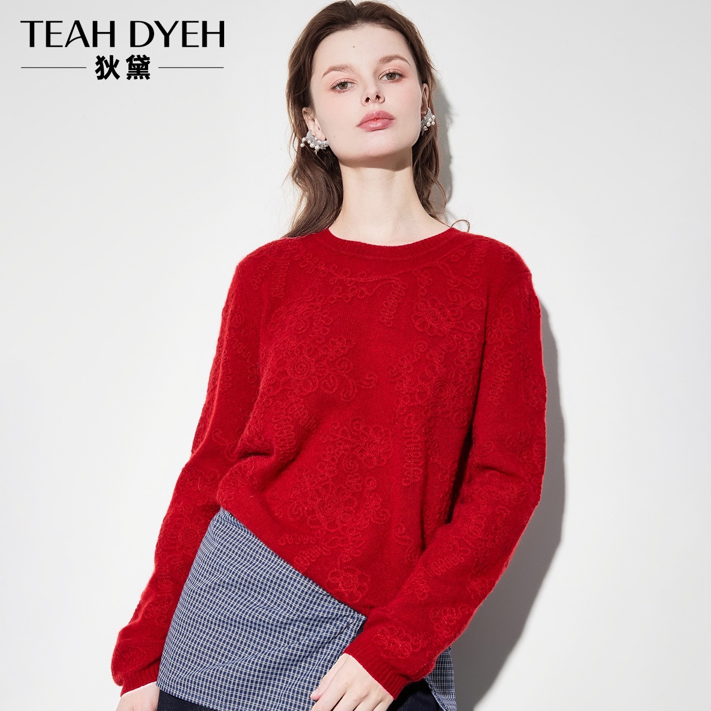 沦陷了～亨特红！100%山羊绒 重工花朵刺绣提花红色针织衫毛衣女,淘宝优惠券,粉丝福利购,淘宝优惠卷