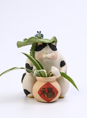 原创荷叶陶瓷手工软萌可爱猫咪桌面生日礼物乔迁入户家装饰小摆件