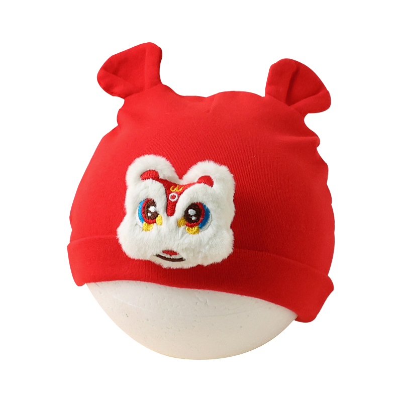 喜庆红色新年醒狮婴儿帽子秋冬季女童宝宝胎帽过年帽儿童套头男童